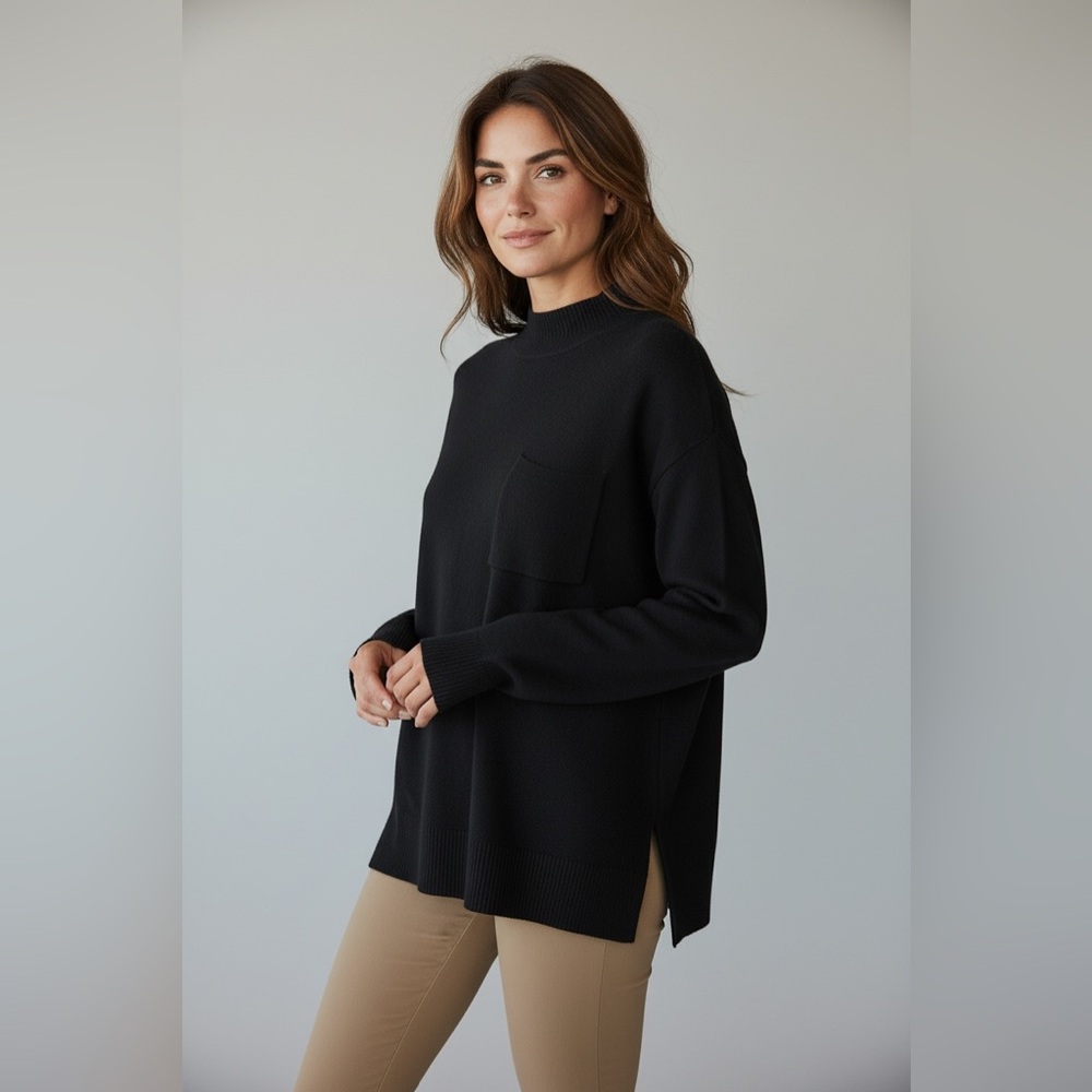 NEW Black Ribbed Knit Mock Neck Long Sleeve Sweater with‎ Pocket Size Large